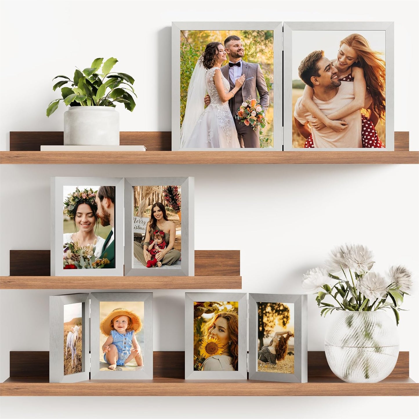 decorUhome Double 4x6 Picture Frame Vertical, Engineered Wood Bifold Photo Frame with Plexiglass for Tabletop Display, 4x6, Silver