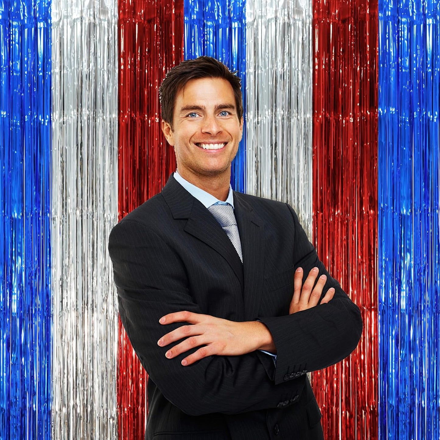 2 Pack Blue Red Silver Foil Fringe Backdrop Curtains, Tinsel Streamers Party Decorations, Fringe Backdrop, Door Shimmer for Independence Day or Birthday Party