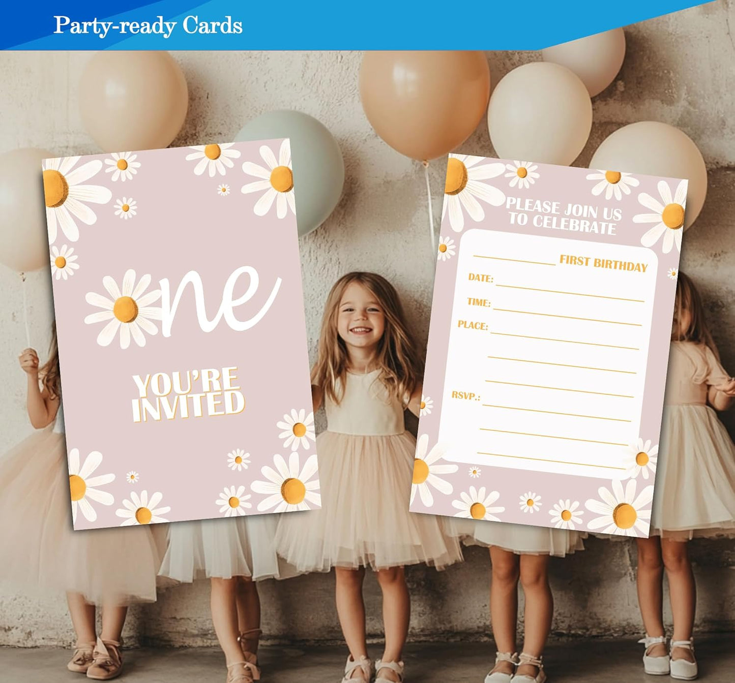 Daisy 1st Birthday Invitations for Girls, Daisy One Birthday Party Invitaions for Party Invites, 4x6 Inches, 30 Sets with Envelopes