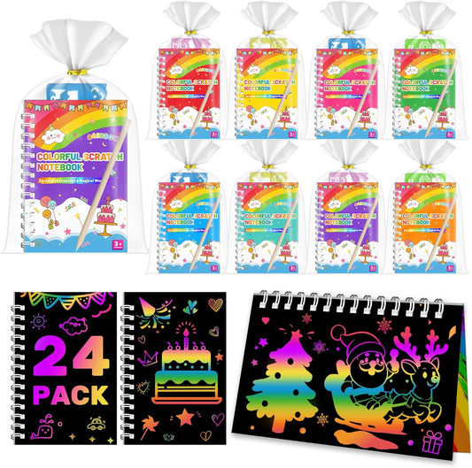 Party Favors for Kids: 24 Pack Scratch Art Notebooks with Rainbow Colors, 2-in-1 Coloring & Scratch Books, Bulk Birthday Gifts, Goodie Bags, Classroom Prizes for Boys & Girls