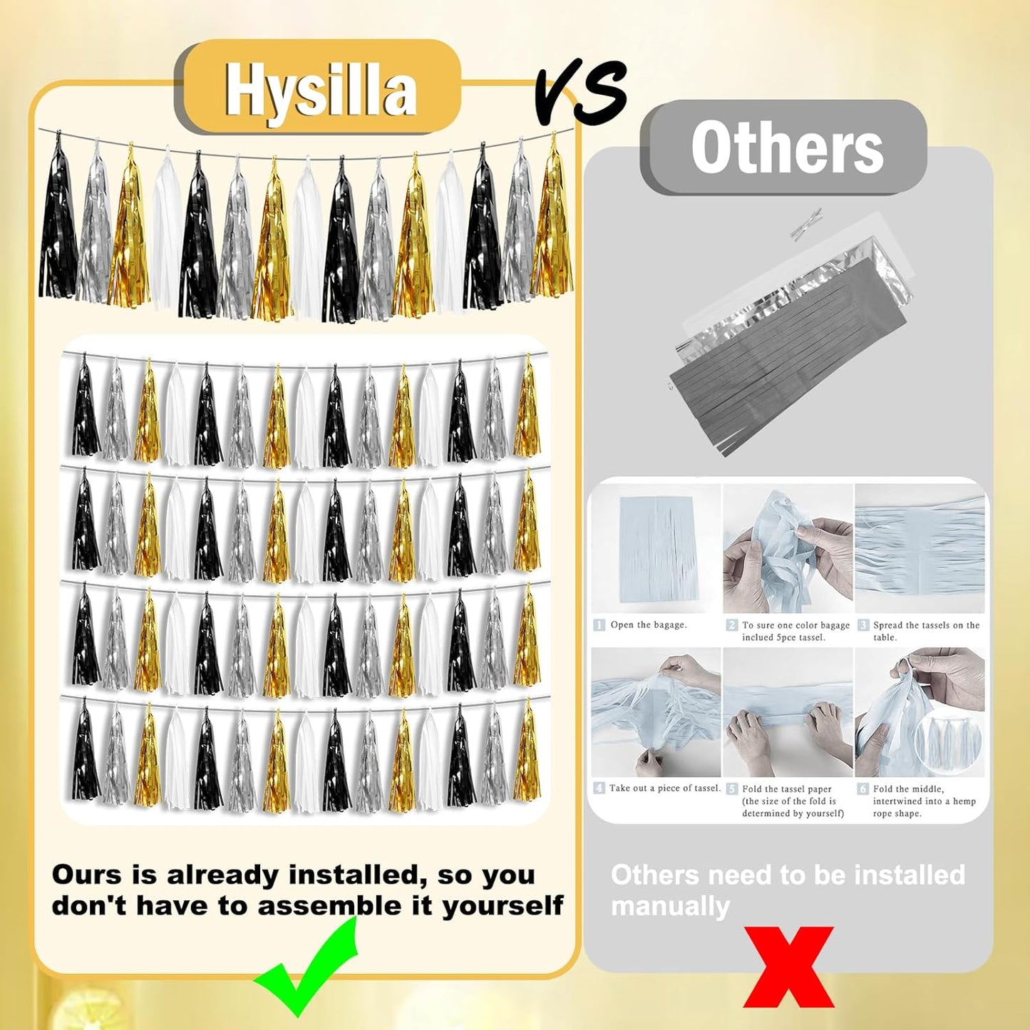 6P Black Gold Silver Foil Fringe Metallic Tassel Garland, Tassels Banner Streamers for Parade Floats, Bachelorette, Wedding, Birthday, Graduation, Christmas, Bridal/Baby Shower Party Decorations