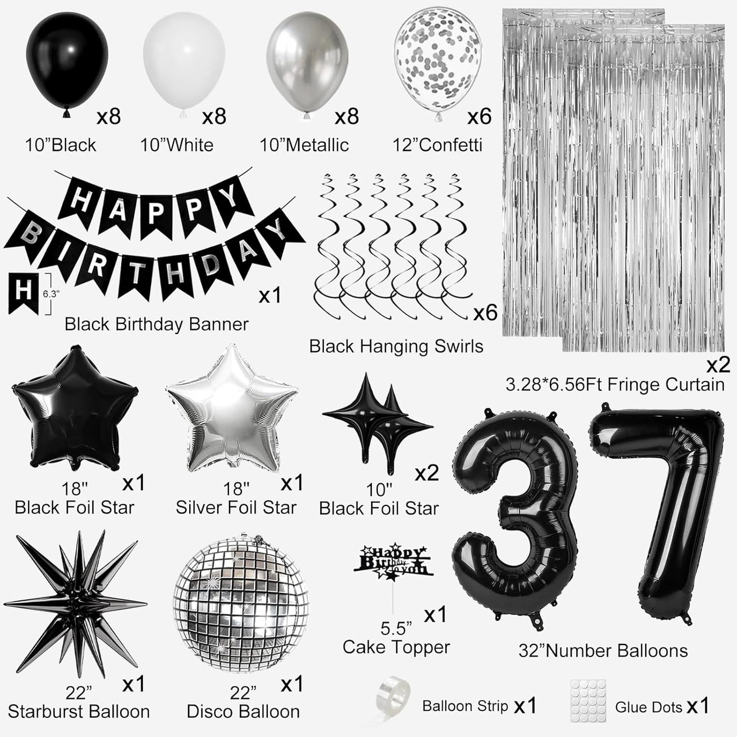 37th Birthday Decorations for Men Women, Black Silver Happy Birthday Party Decorations， 37 Year Old Party Supplies with Number 37 Balloons, Banner, Fringe Curtains Kit