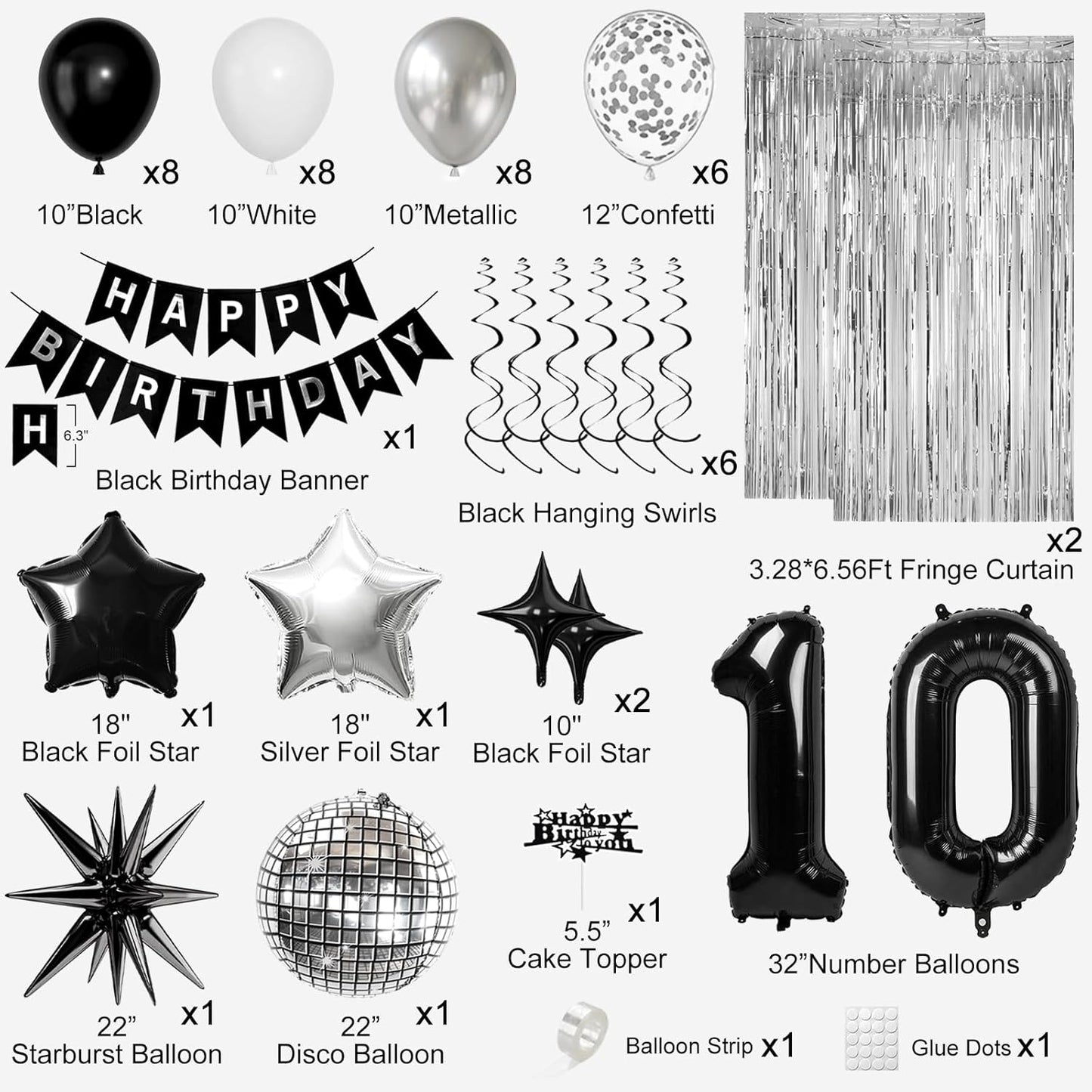 10th Birthday Decorations for Boys Girls, Black Silver Happy Birthday Party Decorations， 10 Year Old Party Supplies with Number 10 Balloons, Banner, Fringe Curtains Kit