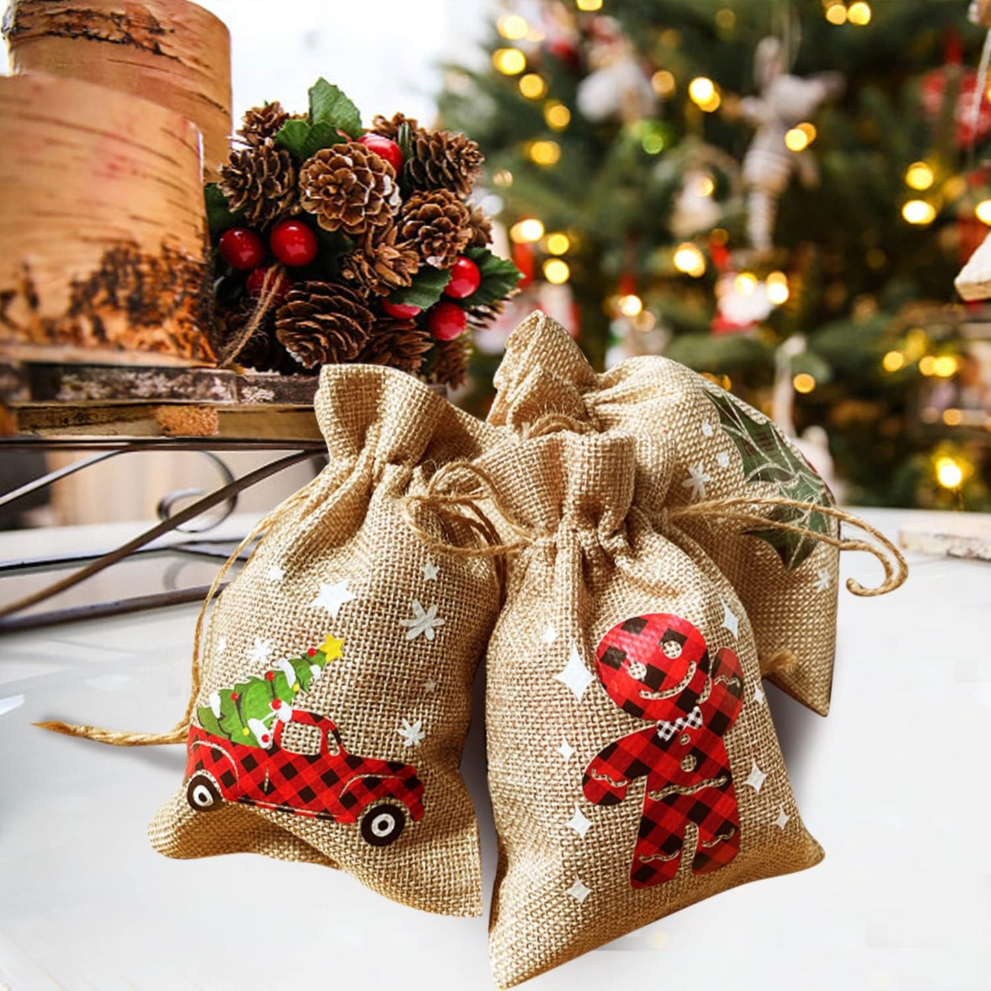 CCINEE 36pcs Christmas Drawstring Goody Candy Gift Bags, 4x6 Inch with Double Jute Drawstrings for Xmas Party Favors