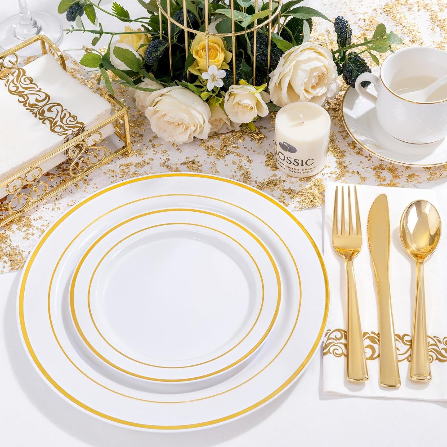 NOCCUR 700PCS Gold Disposable Dinnerware Set for 100 Guests - Include 200 Gold Dinner/Dessert Plates, 100 Napkins, 100 Cups, 300 Plastic Silverware for Wedding/Party/Thanksgiving