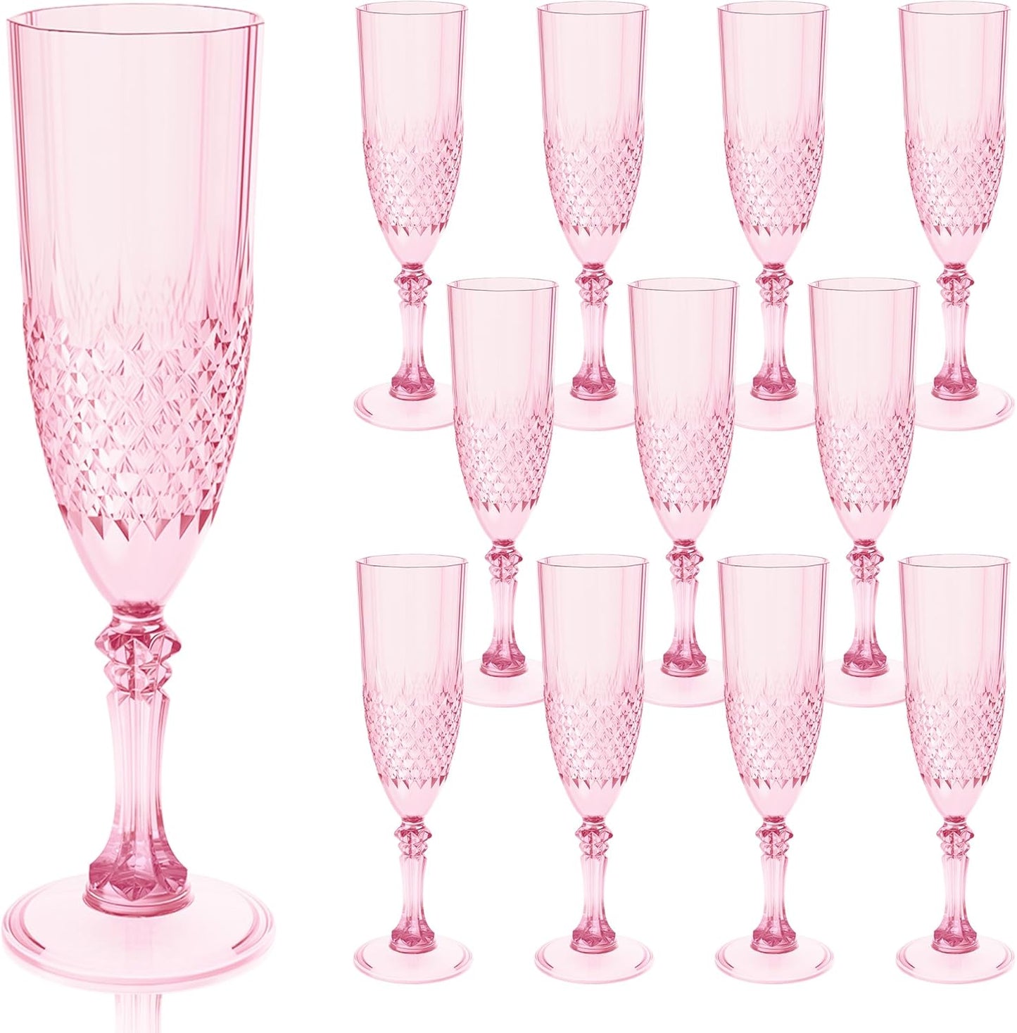 Plastic Champagne Flutes, 12PCS Pink Wine Glasses Goblets Cups Reusable Flute, for Weddings Bachelor Parties Toasting and Events(12, Pink)
