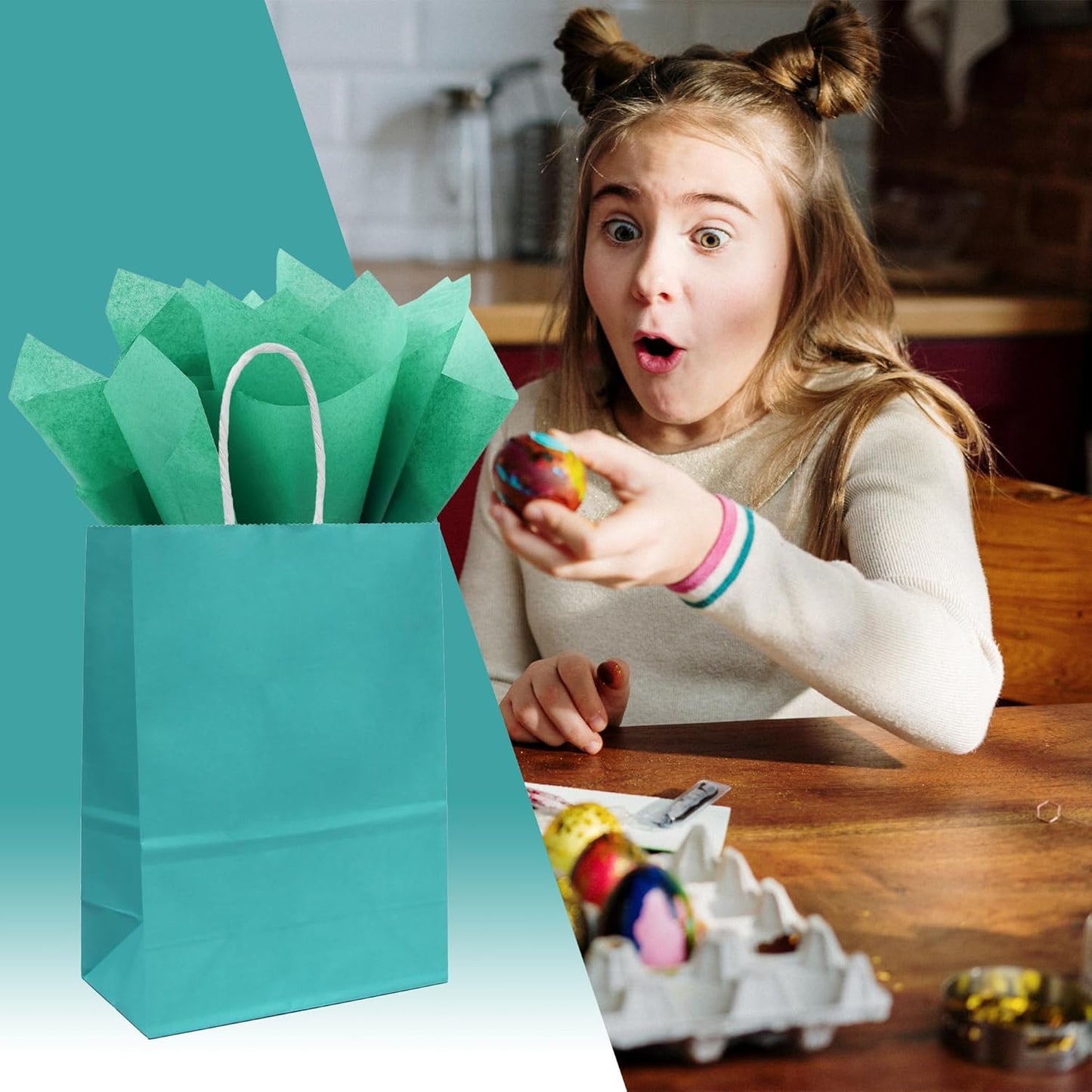 25 PCS Small Gift Bags Teal Blue Kraft Paper Bags Turquoise Gift Bags with Handles for Party Favors (8.2 x 6 x 3.1 In)