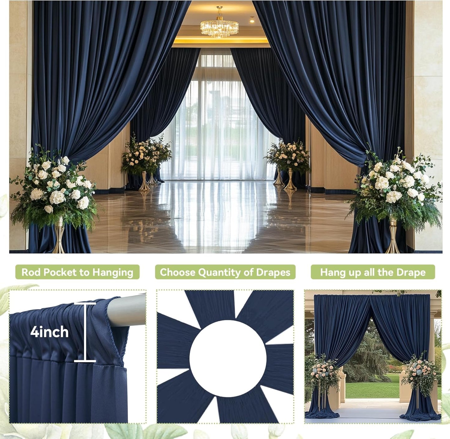 PartyVillage 50ft×15ft Navy Blue Backdrop Curtain for Wedding Parties, 10 Panels Wrinkle Free 15 FT Long Polyester Photo Backdrop Drapes Back Drop Cloth for Birthday Photography Background