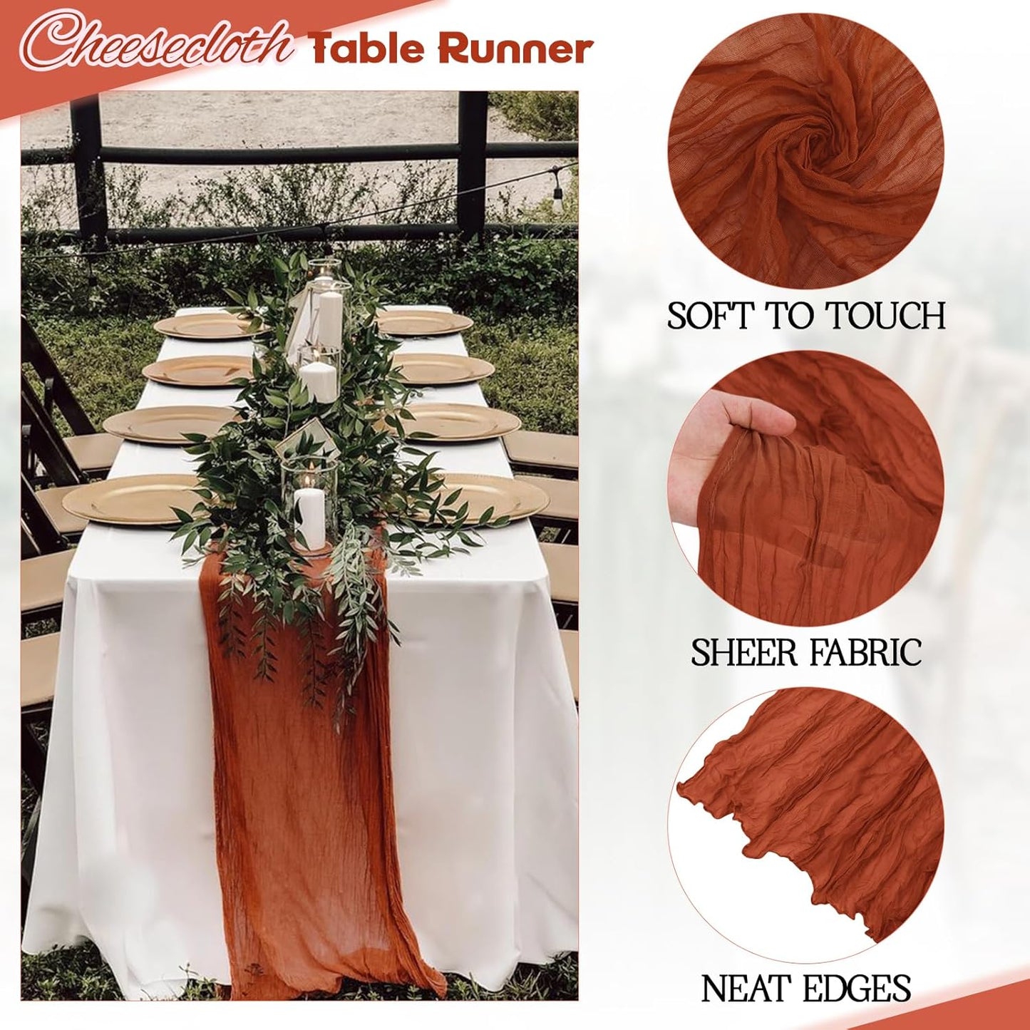 Aktor 4 Pack Terracotta Table Runner Boho Cheesecloth Table Runner Semi Sheer Gauze Fabric Runners for Wedding Birthday Baby Shower Party Boho Table Decoration（Terracotta）