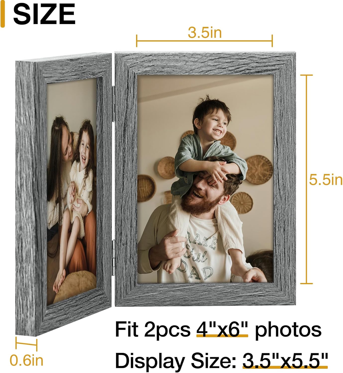 decorUhome Double 4x6 Picture Frame Vertical, Engineered Wood Bifold Photo Frame with Plexiglass for Tabletop Display, 4x6, Grey