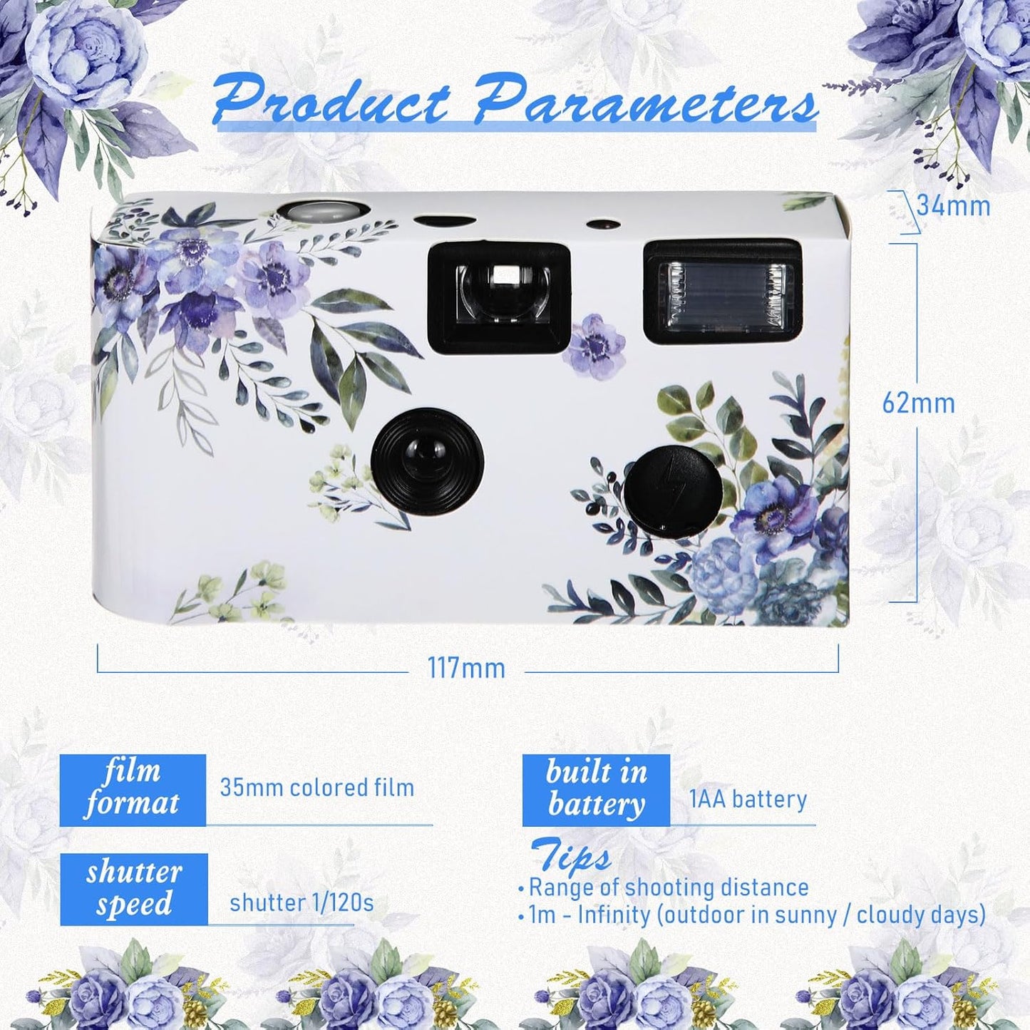 Kanayu 10 Pack Disposable Camera for Wedding Floral 35mm Single Use Film Camera with Flash One Time Use Camera for Anniversary Concert Travel Camp Party Supply Gift Honeymoon(Blue Poppy)