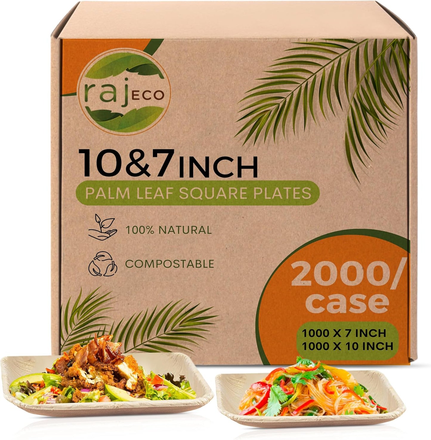Raj Palm Leaf Plates Bulk [50-Pack] 10" & 7" Square Plates (40 CASES - 2000 PACK) like Bamboo plates Disposable, Strong, Decorative Compostable Tableware for weddings, Lunch, Dinners