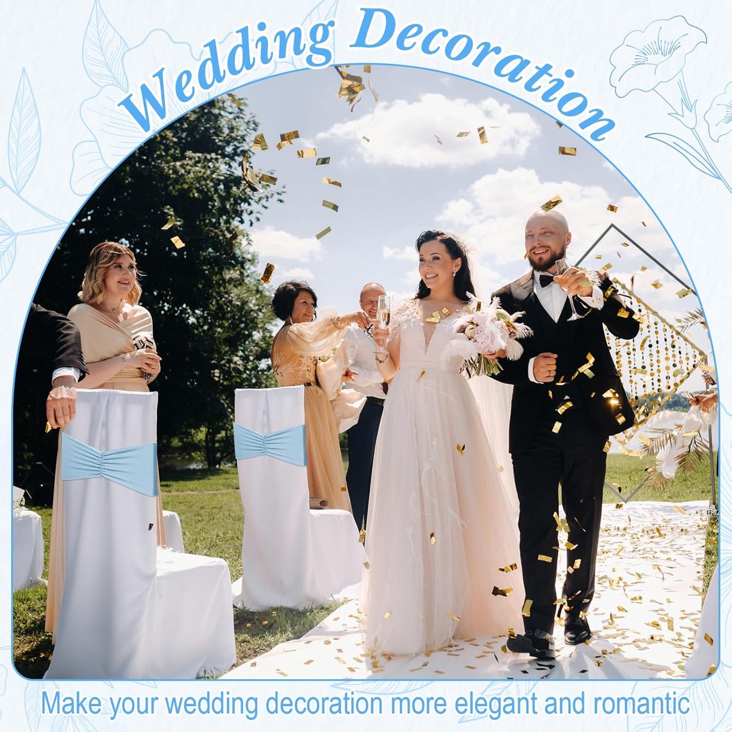 Moukeren 100 Pcs Spandex Chair Sashes Bows Bands Slider Sashes for Chair Covers Elastic Bands Ties Ribbon Decorations for Wedding Party Events Ceremony Birthday Banquet(Sky Blue)