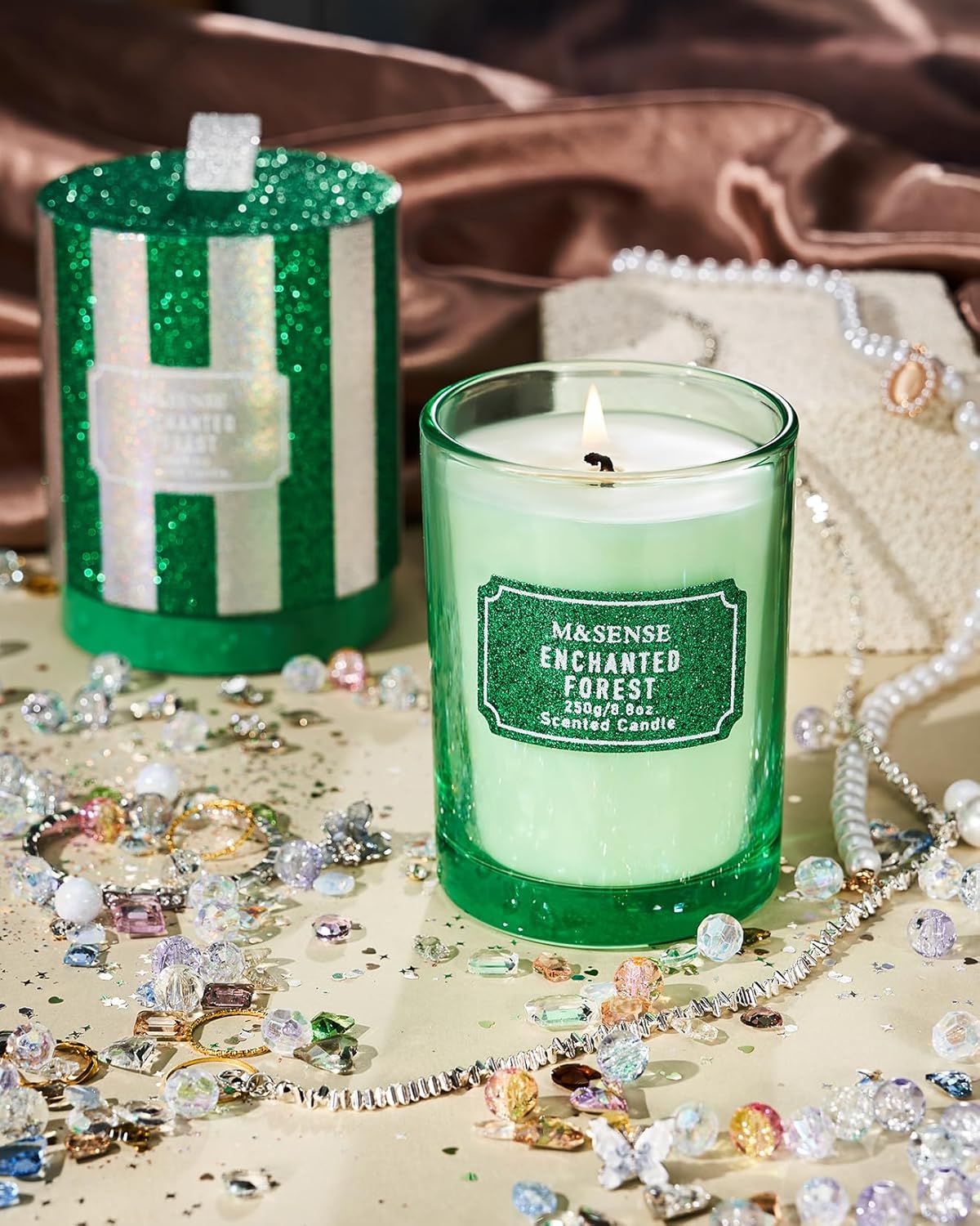 M&SENSE Cederwood Scented Candles, Classic Size 8.8 oz Glitter Jar Candle, Holiday Gifts for Women, Strong Scented Natural Soy Candle for Winter Home Decor, 50 Hours Long Burning Candles