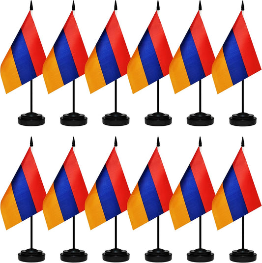 12 Pack Armenia Desk Flags Set, Armenian Small Mini Table Office Flags With 12" Solid Black Pole, Black Base and Spear Top, Miniature Desktop Flag, Home Decoration, Office Decoration, Festival