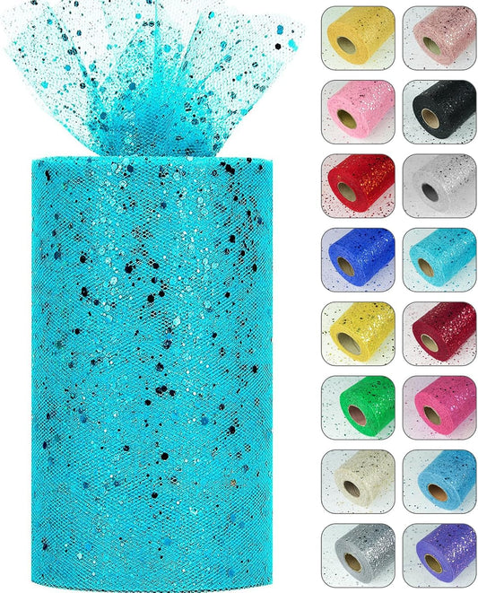 Glitter Tulle Rolls, 6” by 50 Yards (150FT) Sparkling Tulle Spool Ribbon Sequin Tulle Netting Fabric for Tutu Skirt Wedding Birthday Baby Shower (Peacock)