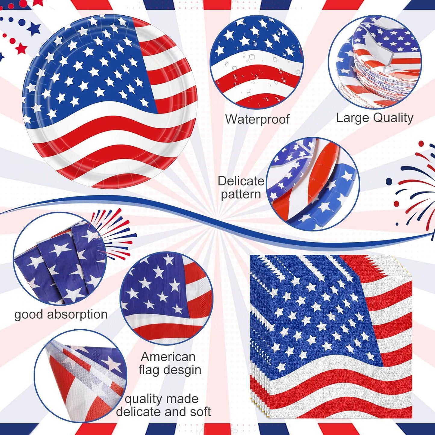452 Pcs American Flag Party Supplies Veterans Day Decorations for 50 Guests, Patriotic Paper Plates Napkins Cups Tablecloth Cutlery Straws for USA 4th of July Party Supplies