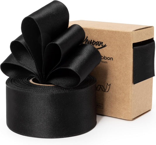 Black Satin Ribbon Double-Faced Wired Ribbons for Gift Wrapping Flower Bouquet Bows Wedding Invitation Christmas Decor Crafts 1-1/2 Inch 10 Yards