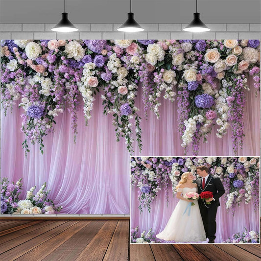 7x5ft Purple Lavender Floral Bridal Backdrop Wedding Flower Photography Backdrop for Girl Portrait Baby Shower Birthday Party Decor Banner Mother's Day Party Wall Backdrop Studio Photo Backgrounds