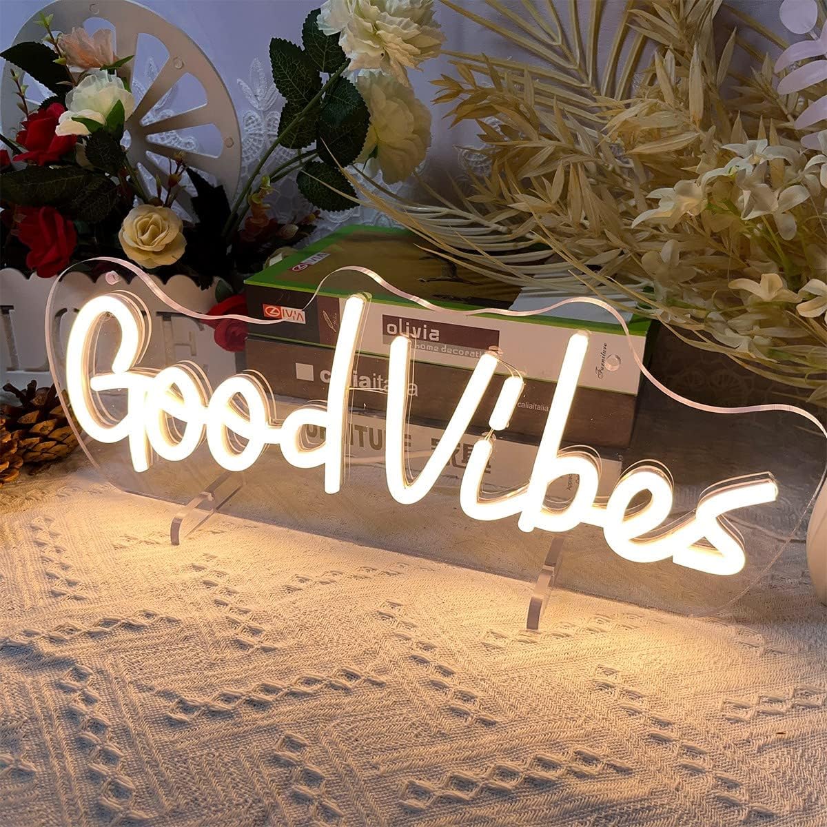 Good Vibes Table Number Neon Sign Desk Lamp Night Light Wedding Letter LED Neon Sign Wedding Table Decorations Neon Light Bedroom Home Room Decor Christmas Party Warm White USB 40×10.7 CM