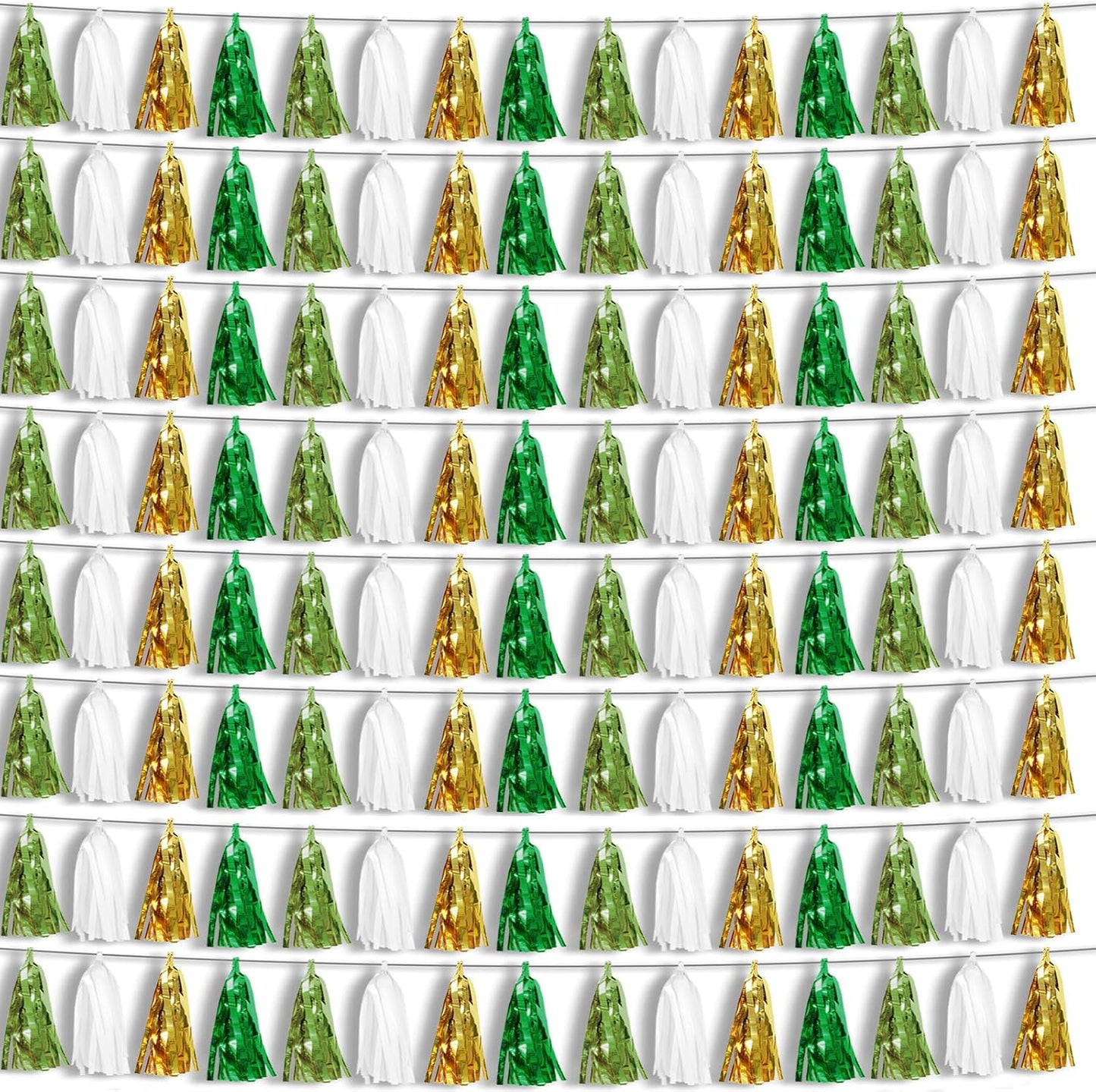 8P Sage-Green Beige-Mint Gold Foil Fringe Metallic Tassel Garland Banner, Tassels Banner Streamers for Parade Floats, Bachelorette, Wedding, Birthday, Christmas, Bridal/Baby Shower Party Decorations