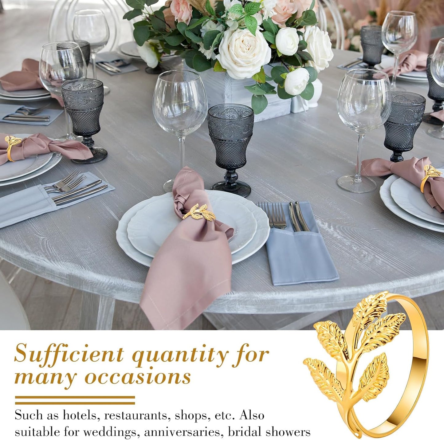 Bokon 50 Pcs Gold Napkin Rings Metal Leaf Napkin Holders Delicate Rings Bulk for Wedding Birthday Party Banquet Decoration(Small Leaves)