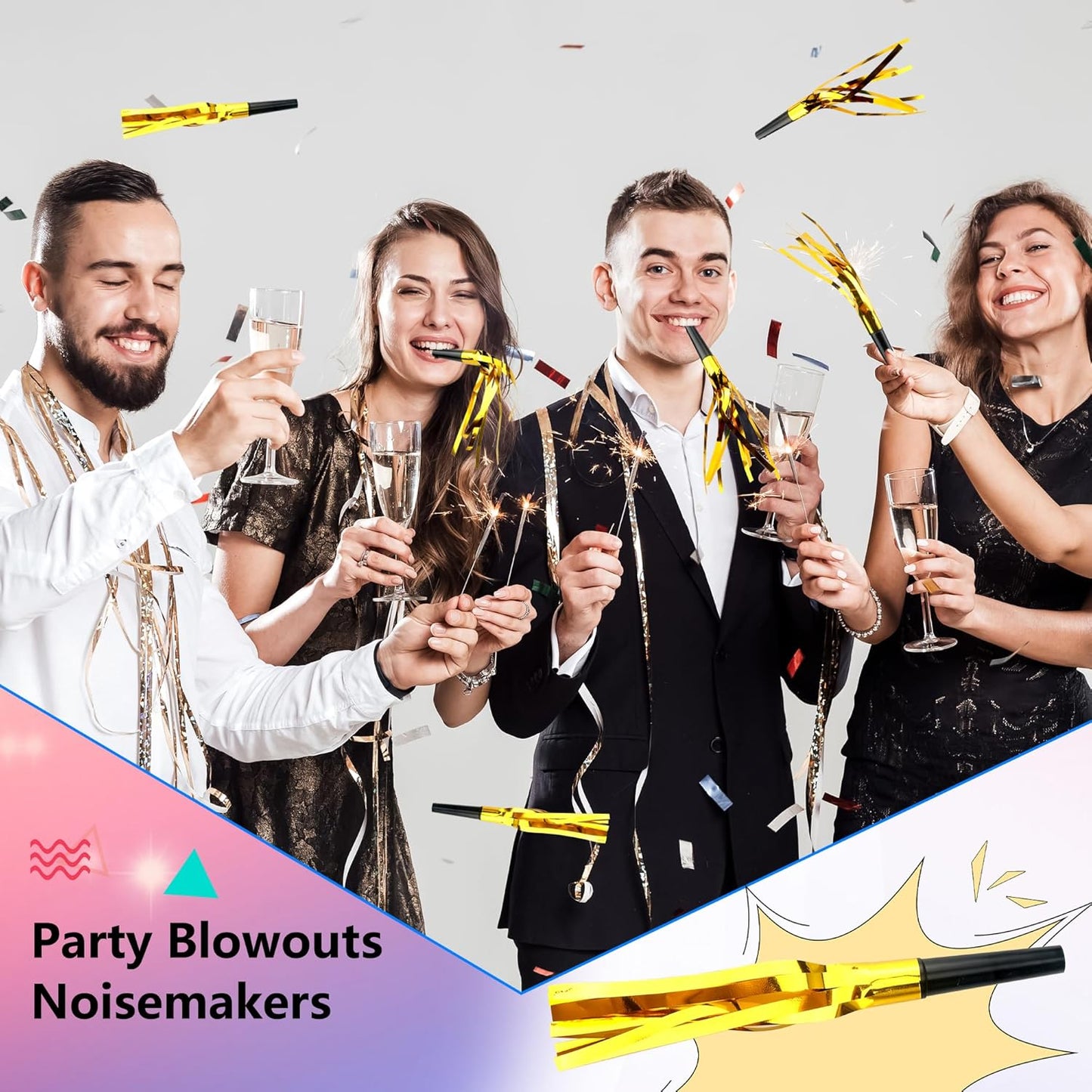 120 Pcs Glitter Bomb Noise Maker Gold Metallic Fringed Squawker Blowouts Silver Musical Blower Whistle for Birthday New Years Party Supplies Sporting Events Graduation (Gold)