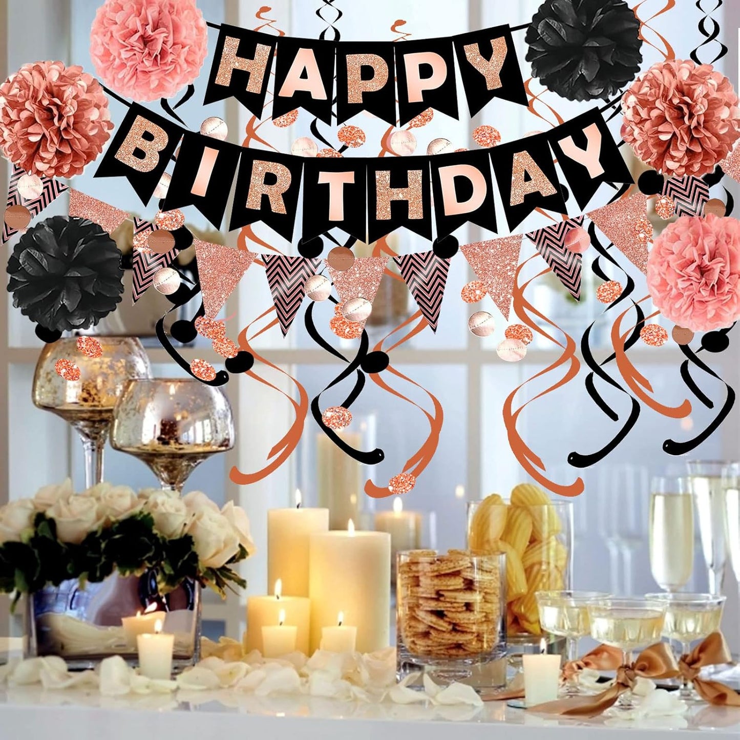 FECEDY Rose Gold Theme Happy Birthday Banner Flag Bunting Paper Circle Confetti Garland Swirl Streamers Honeycomb Ball for Birthday Party Decoration
