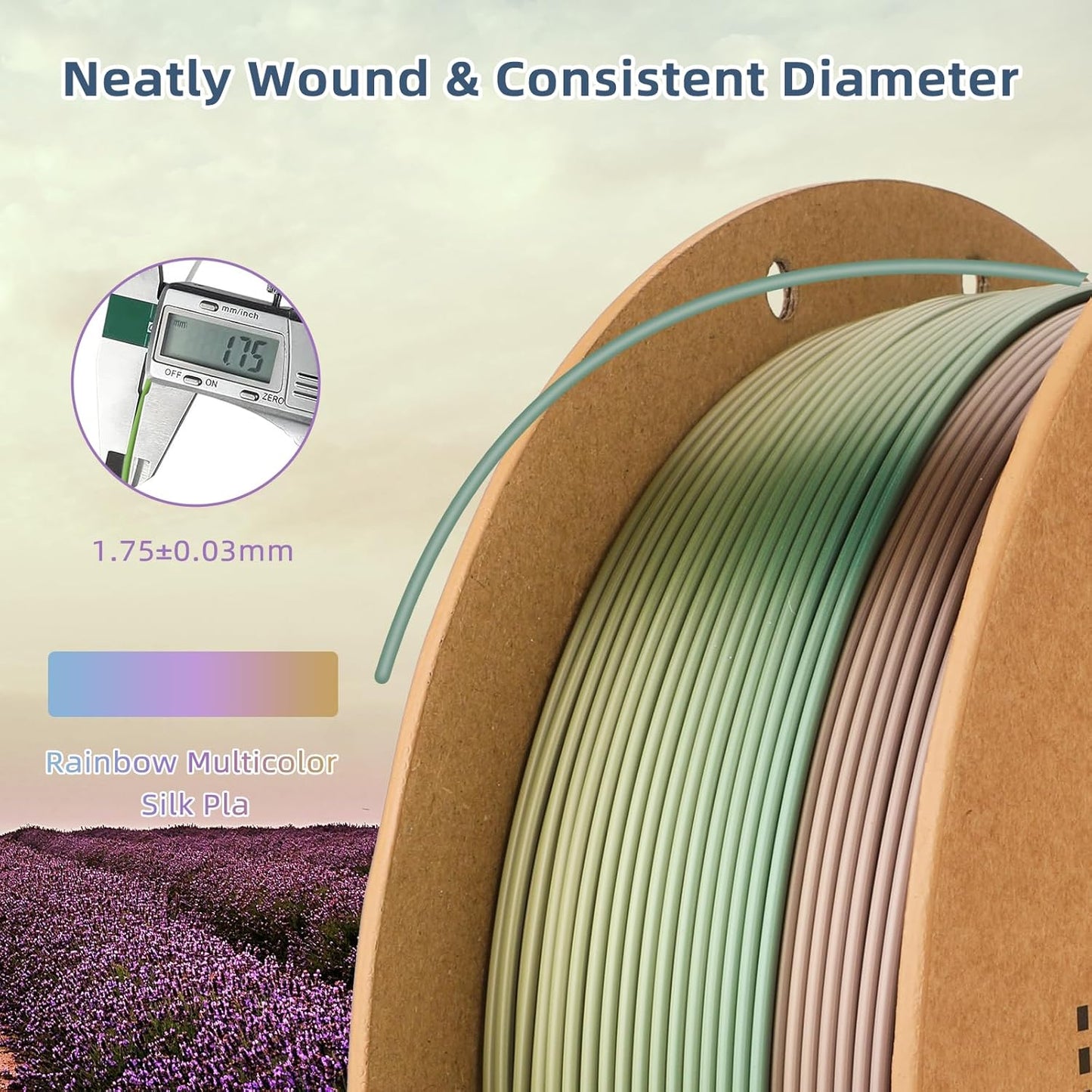 Silk PLA 3D Printer Filament 1.75mm Silk Shiny Fast Gradient Color Change Rainbow Multicolor PLA Filament 1kg (2.2lbs) /Spool for FDM 3D Printers-Lavender