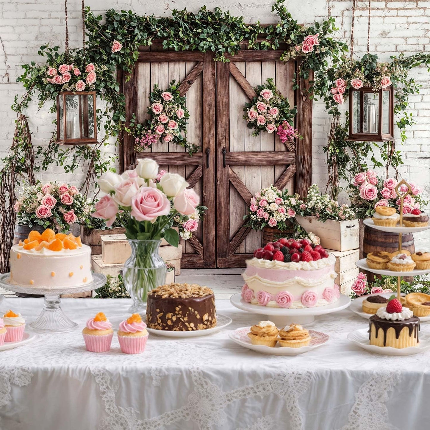 5x3ft Country Wedding Photography Backdrop Floral Rustic Roses Farmhouse Wooden Door Backdrop Pink Flower Birthday Baby Shower Wedding Bridal Party Banner Photo Booth Props Anniversary Background