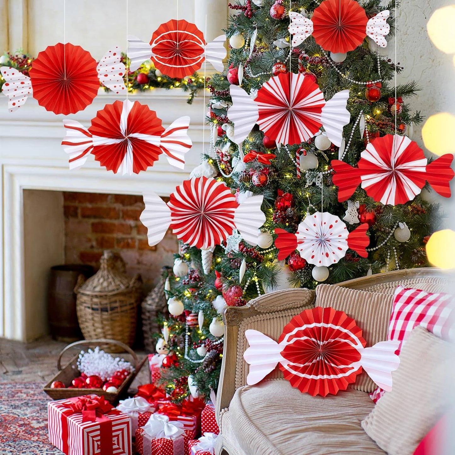 9pcs Candy Party Decorations Sweet Candy Hanging Paper Fans Hanging Decorations Christmas Party Ceiling Wall Garland for Candy Theme Birthday Baby Shower Sweet Shop Christmas