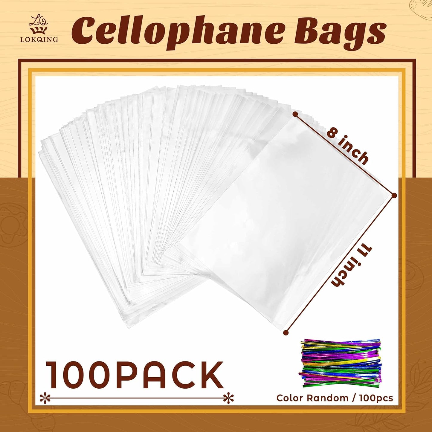 LOKIQNG Cellophane Bags Plastic Gift Bag Clear Cookie Treat Bags with Twist Ties for Party Favor Bag(100PACK, 8x11inch)