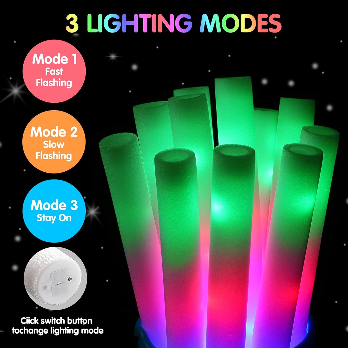 JOYIN 24 PCS LED Light Up Foam Sticks, Glow Sticks Party Favors Bulk with 3 Modes Color Flashing Glow Party Supplies for Halloween, Spooky Celebrations, Wedding, Camping, Birthday, Raves, Carnival