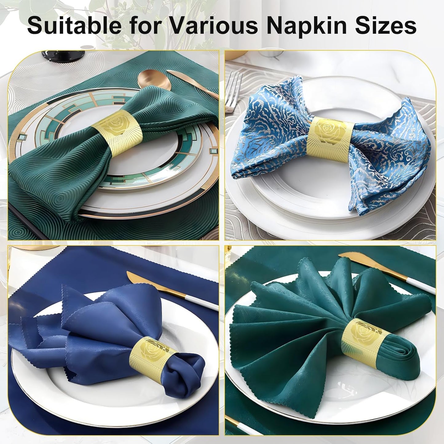 Polymer Material Reusable Napkin Band, Glue-Free Tear-Proof Water Resistant Oil-Proof Napkin Bands Set of 50(Front Gold Color and Back Silver), 6 Adjustable Sizes Napkin Rings