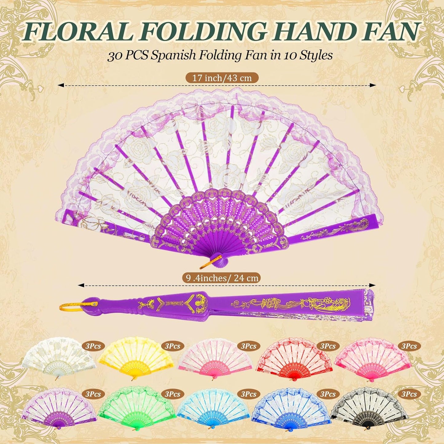 Geetery 30 Pcs Folding Hand Fan for Line Dancing Spanish Boots on the Ground Fans Gifts Bulk Colorful Silk Popping Rave for Women Tea Party Wedding Church Halloween Costume(Lace,Mixed Colors)