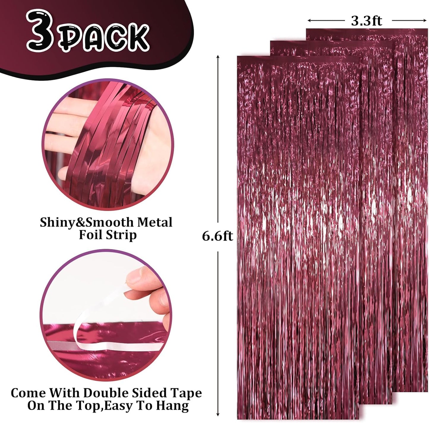 3 Pack 3.3 x 6.6 ft Burgundy Foil Fringe Backdrop Curtains, Tinsel Streamers Party Decorations, Fringe Backdrop for Birthday, Baby Shower, Gender Reveal, Graduation