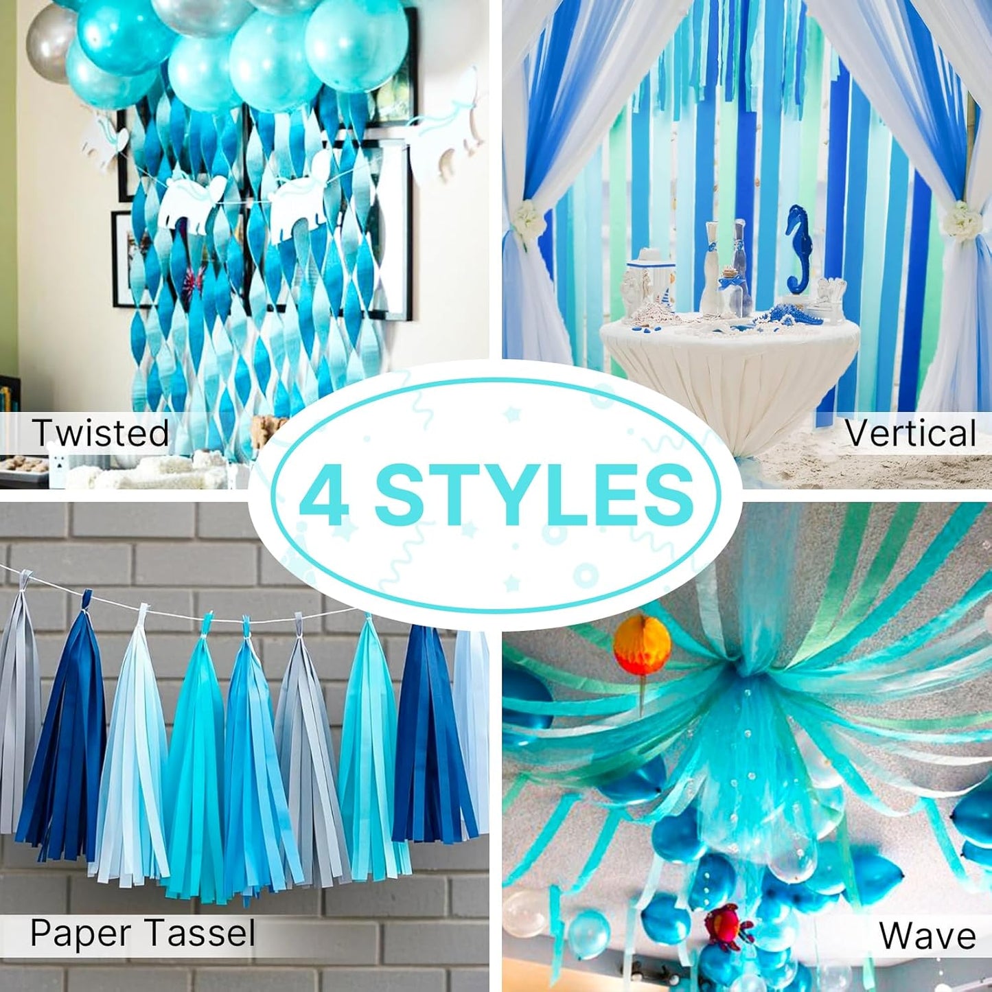 PartyWoo Teal Crepe Paper Streamers 4pcs 328ft Pack of Turquoise Crepe Paper Streamers for Birthday Gender Reveal Baby Shower Wedding Graduation Pool Mermaid Under The Sea Theme Party Decorations