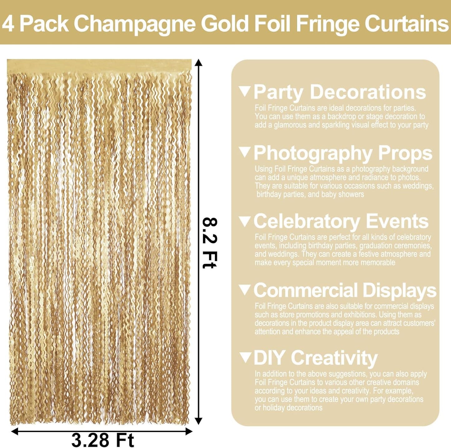 4 Pack Champagne Gold Wave Foil Fringe Curtain Backdrop, 3.28Ft x 8.2Ft Metallic Tinsel Foil Fringe Streamer Curtains for Photo Booth, Mother's Day, Easter, Birthday, Wedding Party Decoration