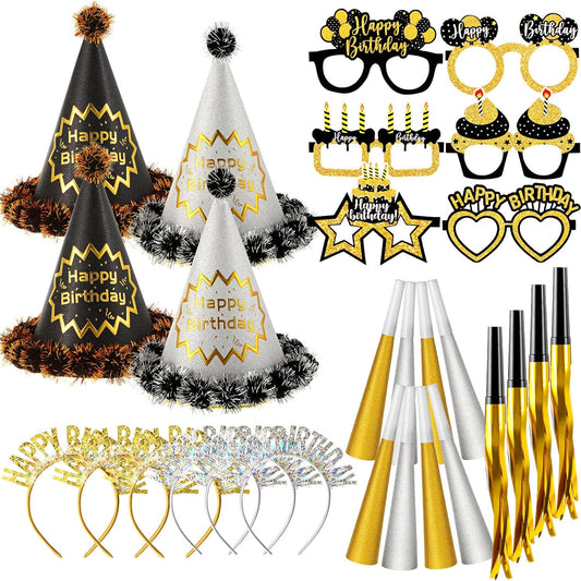 Sratte 36 Pcs Black Gold Style Birthday Party Favors Set Happy Birthday Hat Headband Glasses Noise Makers Party Horns