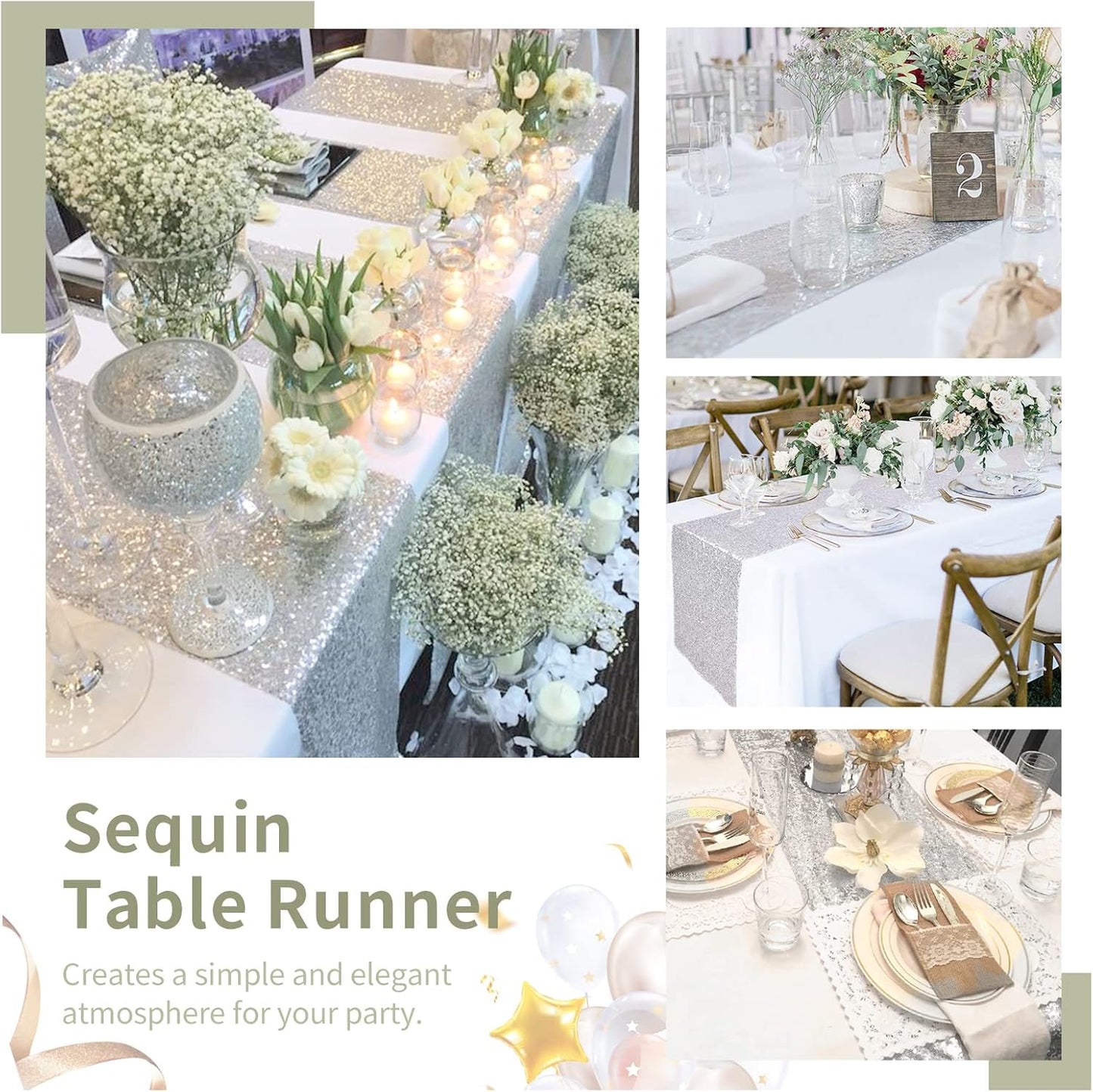 Silver Table Runner 10 Packs 12x72 Inch Sequin Glitter Table Runner for Rectangle Tables for Birthday Banquet Wedding Baby Shower Party Decorations