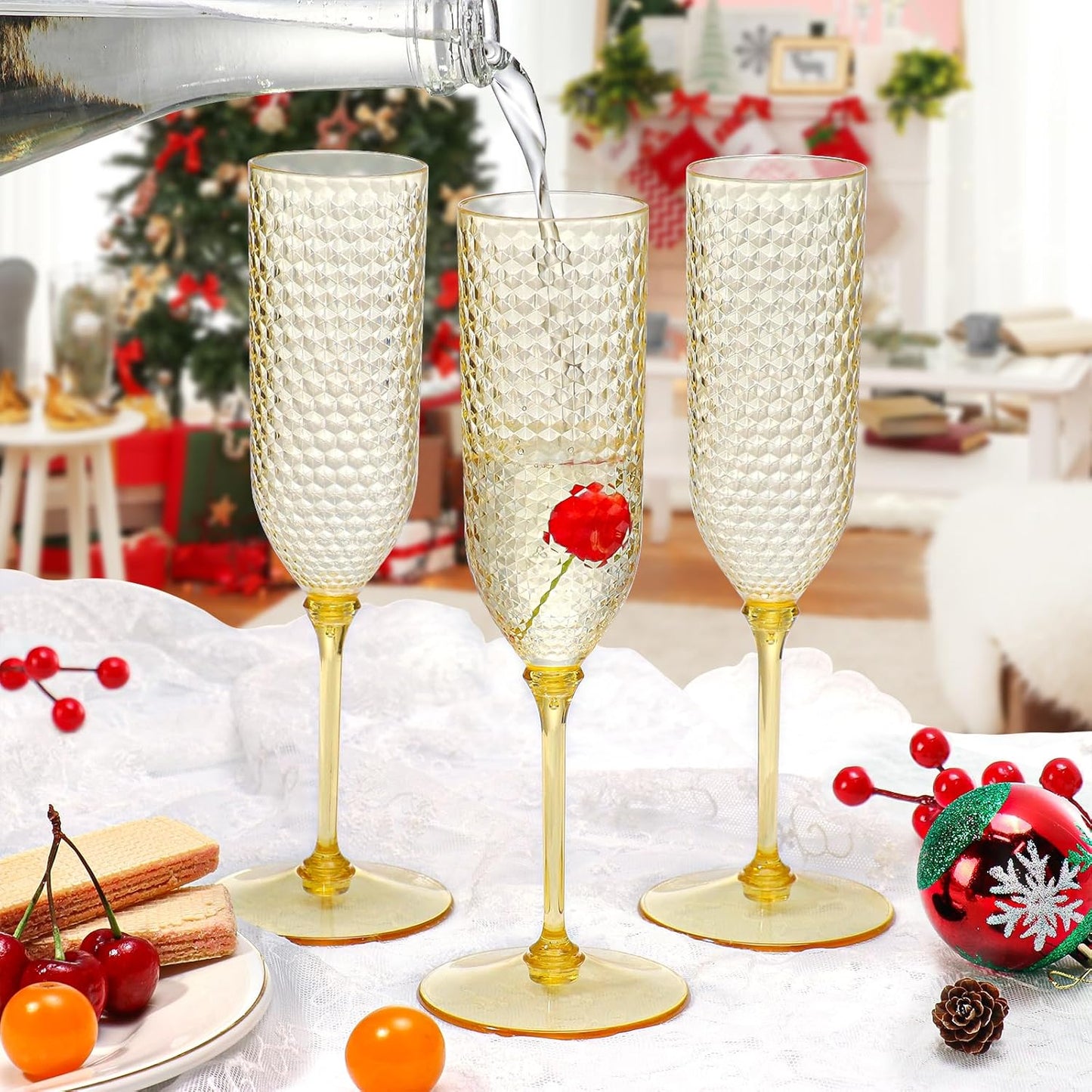 XUWAIDSGN 24 Pack Amber Detachable 2 piece Champagne Flutes 5.5 Oz Unbreakable Plastic Mimosa Disposable Champagne Glasses Drinking Cups Stemmed Reusable Wine Toasting Glasses for Wedding (24, Amber)