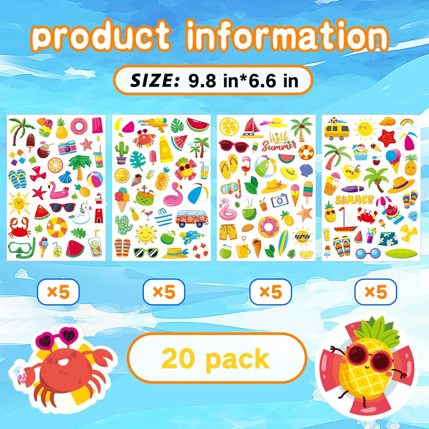 Summer Pool Beach Adhesive Stickers Luau Hawaii Sun Stickers 700 Count forBirthday Invitations Envelopes Decorations Party Goodie Gifts Bags Decor School Game Class Rewards