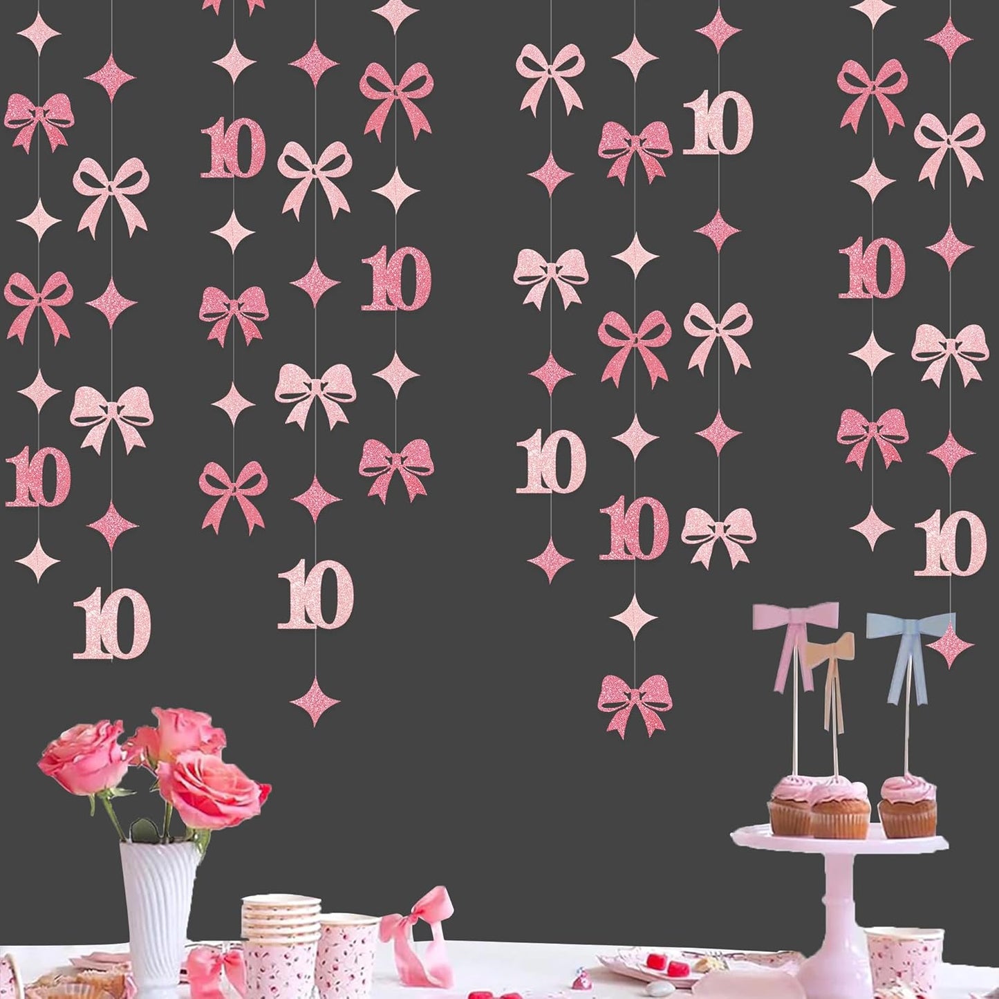 Glitter Pink 10th Bow Birthday Decorations Hot Pink Conquette Bow Garland Streamer Banner Backdrop for Girls Happy 10th Birthday Double Digits I'm 10 Cheers to 10 Years Old Anniversary Party Supplies