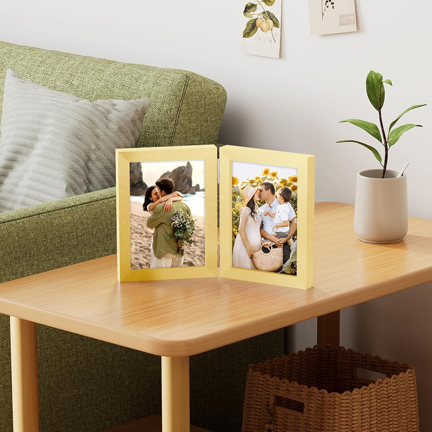 decorUhome Double 5x7 Picture Frame Vertical, Engineered Wood Bifold Photo Frame with Plexiglass for Tabletop Display, 5x7, Gold