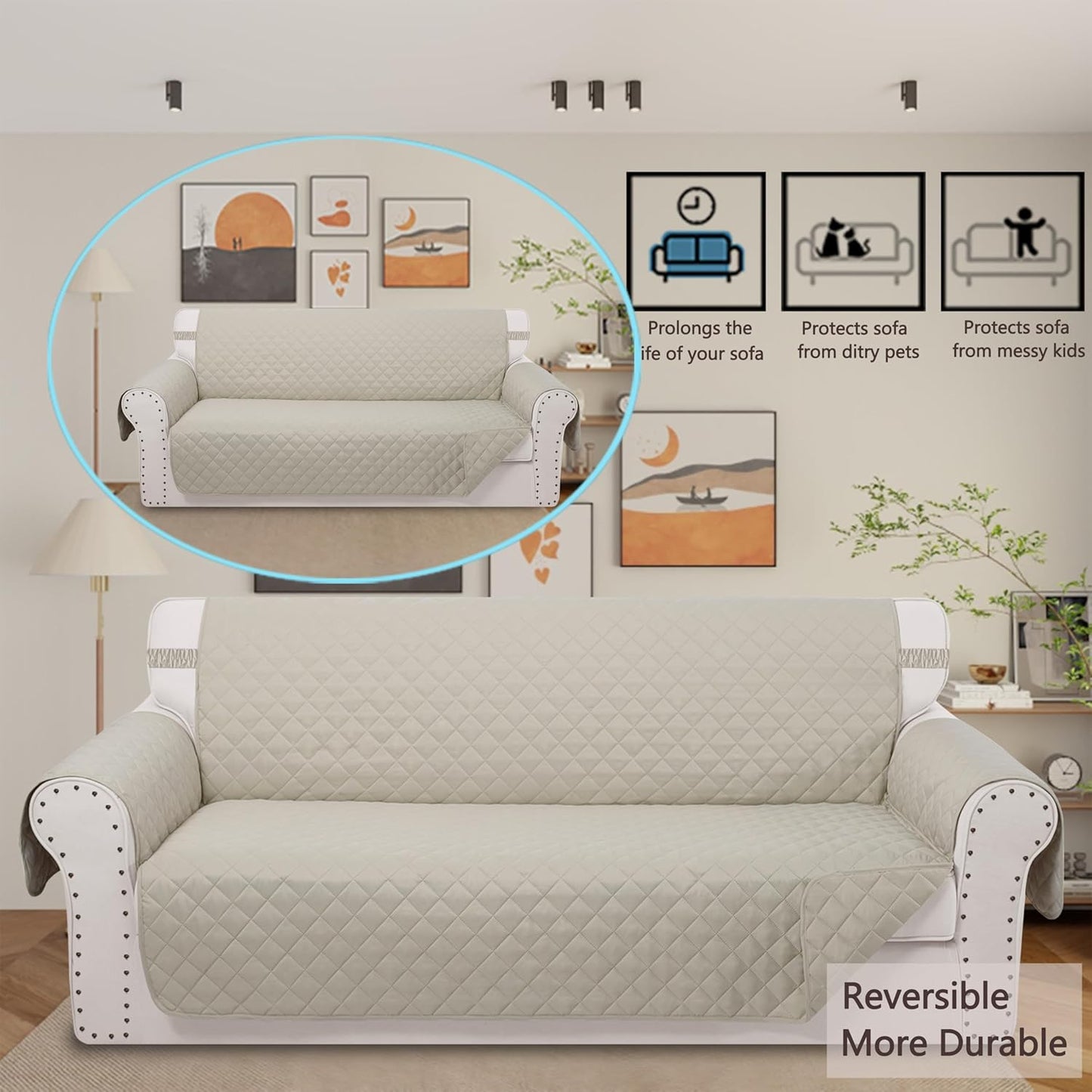 Reversible Oversized Sofa Covers Couch Cover Furniture Protector for Dogs Elastic Straps Water Resistant(XLSofa,Beige/Beige)