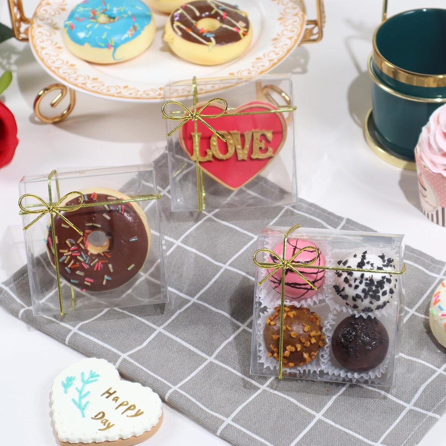 RomanticBaking 3¼"x3¼x1½50PCS Full Clear Cookie Boxes Soap Boxes Chocolate Truffle Boxes,Donut Boxes Macaron Boxes Mini Bakery Boxes Brownie Box Chocolate Covered Strawberry Boxes