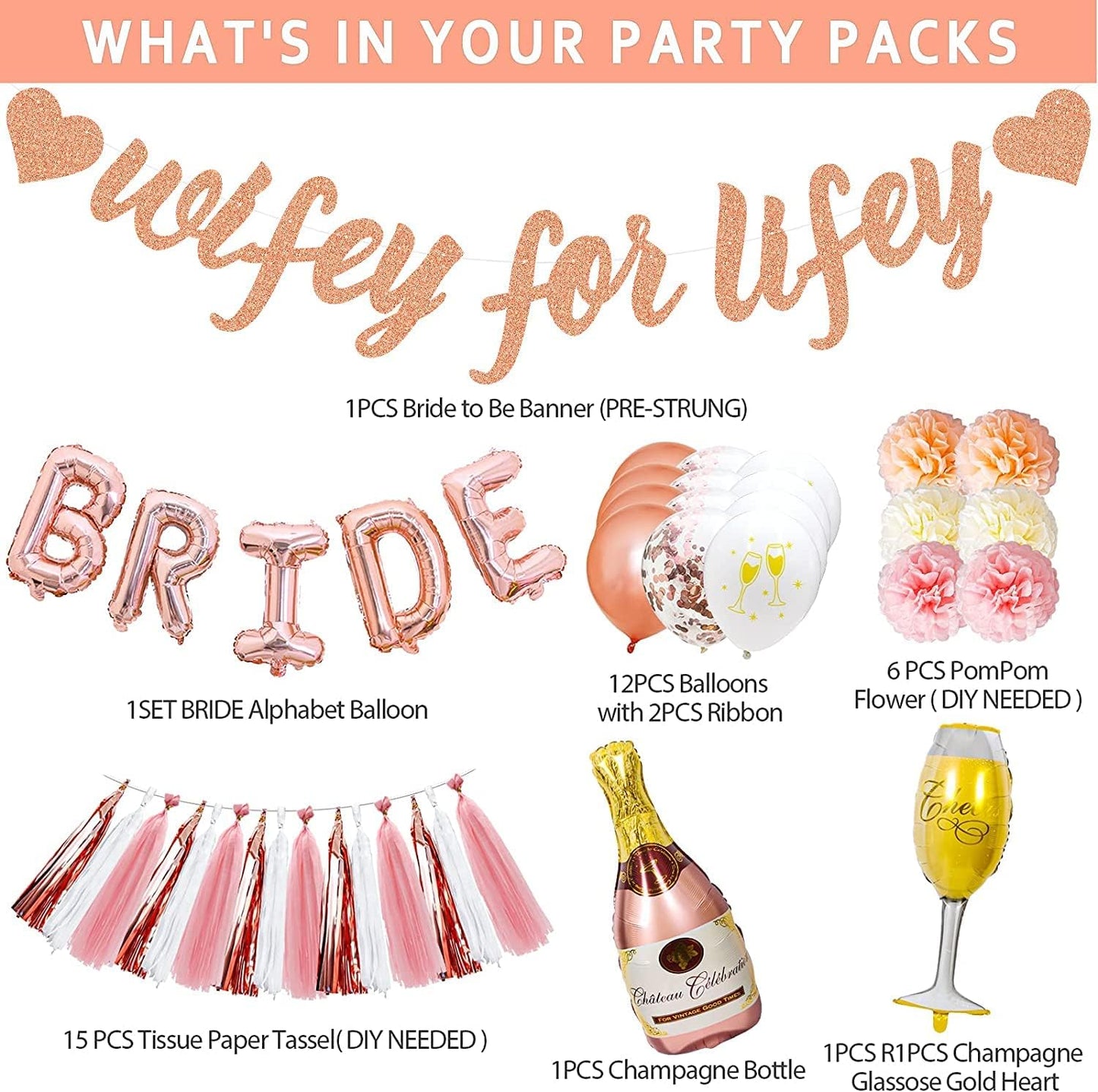Rose Gold Bachelorette Party Decorations Bridal Shower Decoration Kit with Wifey for Lifey Banner,Champagne Glass Foil Balloons,Bride Foil Balloon,Paper Pom Poms, Tassel Party Supplies