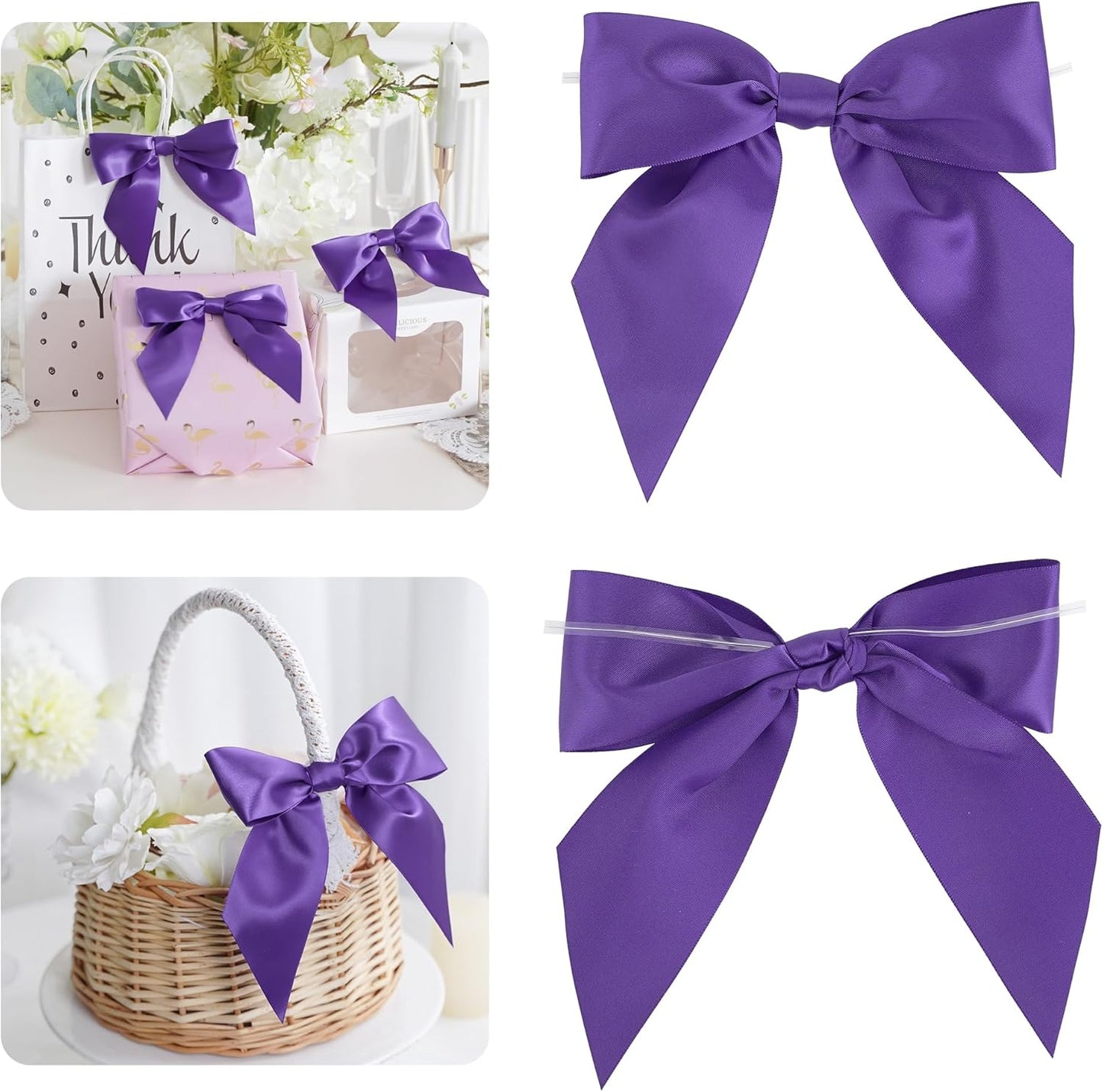 AIMUDI Purple Satin Bows 5.5" Bows for Gift Wrapping Satin Twist Tie Bows Premade Ribbon Bows for Treat Bags Invitations Baskets Crafts Wreaths Wedding Birthday Baby Shower Party Decorations, 24 PCs