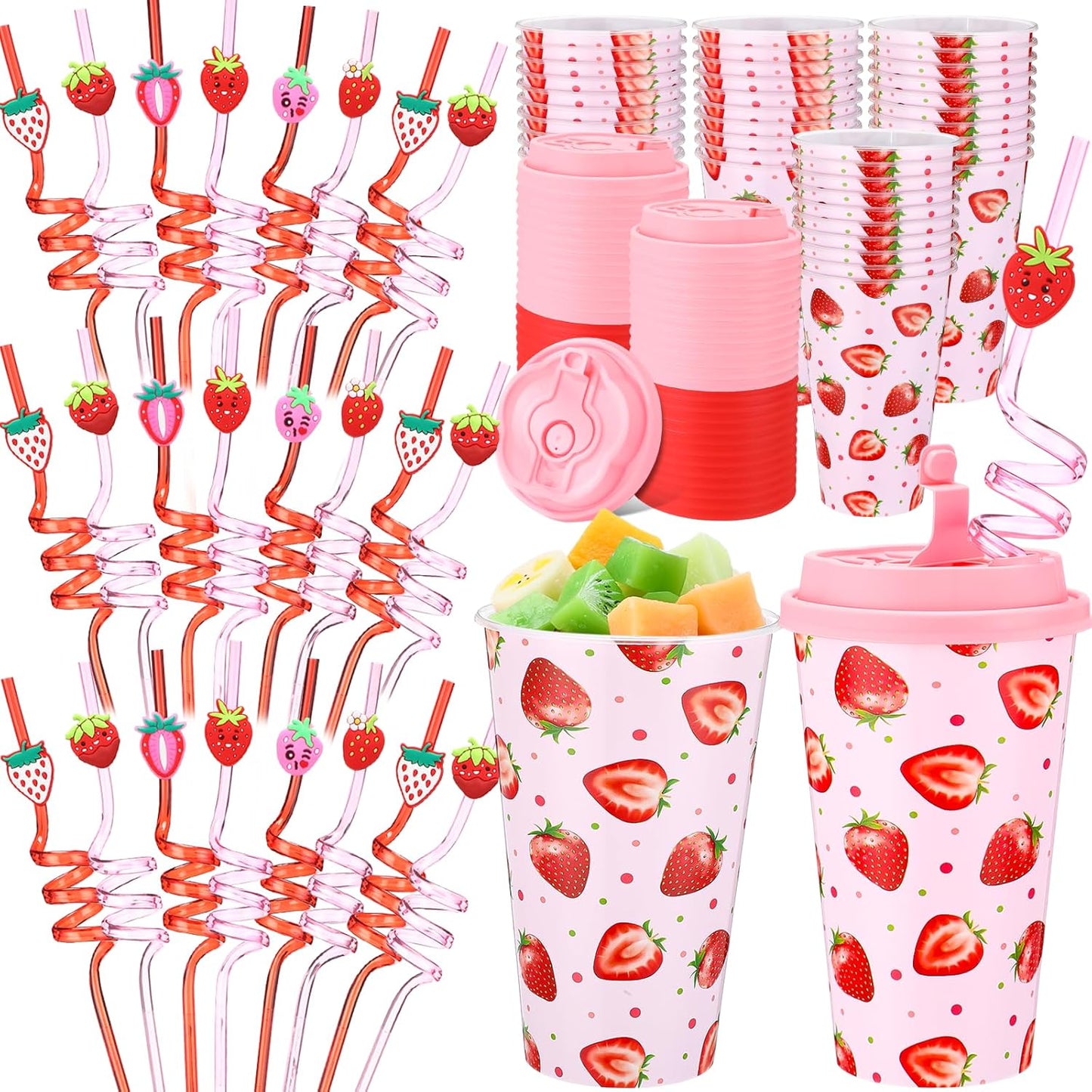 Yungyan 24 Sets Strawberry Party Favors Goodie Cups with Lids and Straws for Birthday Decorations Reusable 16oz Plastic Candy Cups Plastic Straws for Birthday Party (Strawberry)
