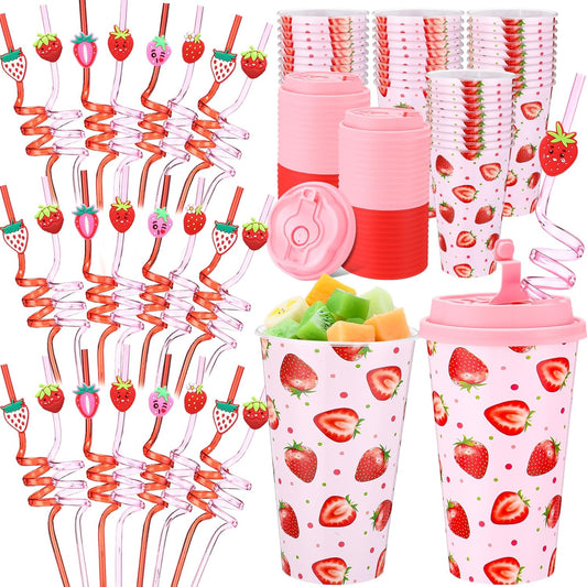 Yungyan 16 Sets Strawberry Party Favors Goodie Cups with Lids and Straws for Birthday Decorations Reusable 16oz Plastic Candy Cups Plastic Straws for Birthday Party (Strawberry)